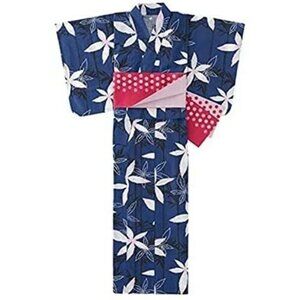 ❤️NEW Uniqlo Blue Japanese Kimono Yukata OBI Belt Set with Bamboo & Flowers CUTE